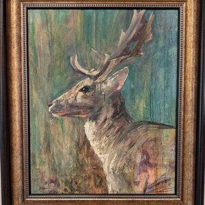 Rustic Deer Painting with Antique Frame